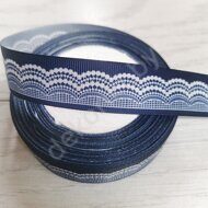 Репсовая лента с рисунком "Кружево волна" 25 мм, цв.сине-белый