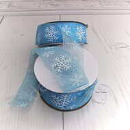 Лента органза с рисунком "Снежинки" 25 мм, цв.голубой 1093