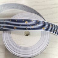 Лента репсовая с  фольгированием "Звездочки" 25 мм, цв.темно-сине-белый