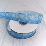 Репсовая лента с рисунком "Снежинки" 25 мм, цв.голубой