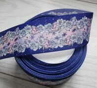 Репсовая лента с рисунком "Розочки орнамент" 40 мм, цв.синий