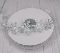 Декоративная лента с блестками "Снежинки" 2,5 см, цв.белый/серебро