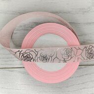 Лента репсовая с глиттерным рисунком "Розы"  25 мм, цв.светло-розовый