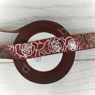 Лента репсовая с глиттерным рисунком "Розы"  25 мм, цв.бордовый