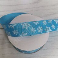 Лента репсовая с рисунком "Снежинки" 25 мм, цв.голубой 20